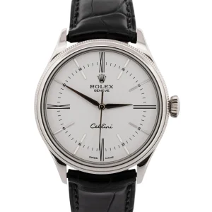 MINT Rolex Cellini White Leather 18K White Gold 39mm Automatic Watch 50509