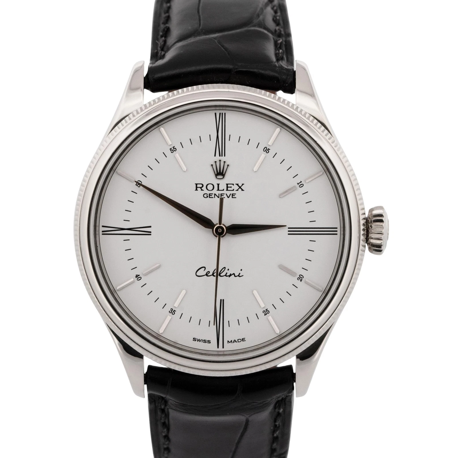 MINT Rolex Cellini White Leather 18K White Gold 39mm Automatic Watch 50509