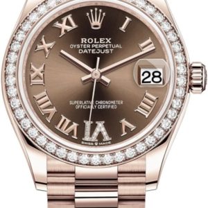 Rolex Datejust 31 Everose Gold Chocolate Diamond Pave Roman Dial Diamond Bezel Women’s Watch M278285RBR-0016 31mm