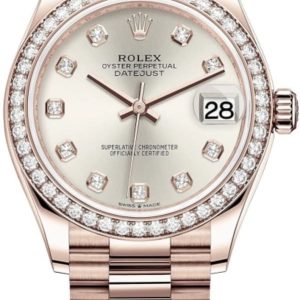 Rolex Datejust 31 Everose Gold Silver Diamond Dial Diamond Bezel Women’s Watch M278285RBR-0030 31mm