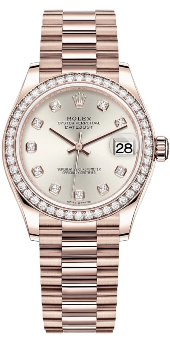Rolex Datejust 31 Everose Gold Silver Diamond Dial Diamond Bezel Women’s Watch M278285RBR-0030 31mm