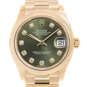 Rolex Datejust 31 Olive Green Diamond Dial Automatic Ladies 18kt Yellow Gold President Watch 278248GNDP 31mm
