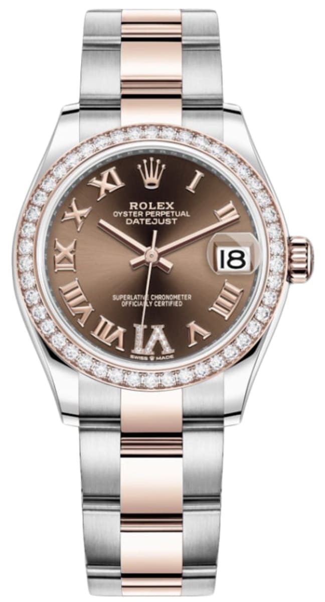 Rolex Datejust 31 Stainless Steel and Rose Gold Chocolate Pave Roman Dial Diamond Bezel Women’s Watch M278381RBR-0005 31mm