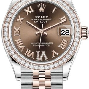 Rolex Datejust 31 Stainless Steel and Rose Gold Chocolate Pave Roman Dial Diamond Bezel Women’s Watch M278381RBR-0006 31mm