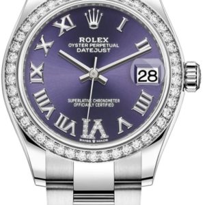 Rolex Datejust 31 Stainless Steel and White Gold Aubergine Pave Roman Dial Domed Diamond Bezel Women’s Watch M278384RBR-0029 31mm