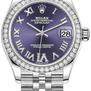 Rolex Datejust 31 Stainless Steel and White Gold Aubergine Pave Roman Dial Domed Diamond Bezel Women’s Watch M278384RBR-0030 31mm