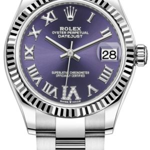Rolex Datejust 31 Stainless Steel and White Gold Aubergine Roman Diamond Dial Women’s Watch M278274-0025 31mm