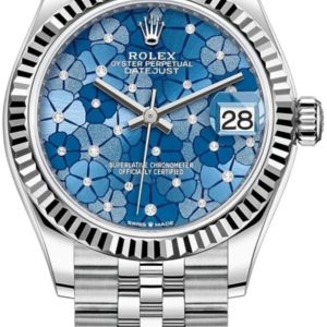 Rolex Datejust 31 Stainless Steel and White Gold Azzuro-Blue-Floral-Motif Diamond Dial Women’s Watch M278274-0036 31mm