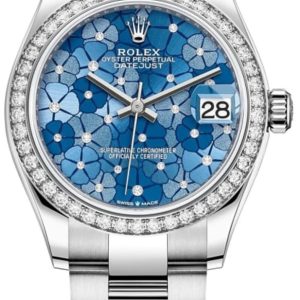 Rolex Datejust 31 Stainless Steel and White Gold Azzurro-Blue-Floral-Motif Diamond Dial Diamond Bezel Women’s Watch M278384RBR-0039 31mm