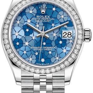 Rolex Datejust 31 Stainless Steel and White Gold Azzurro-Blue-Floral-Motif Diamond Dial Diamond Bezel Women’s Watch M278384RBR-0040 31mm