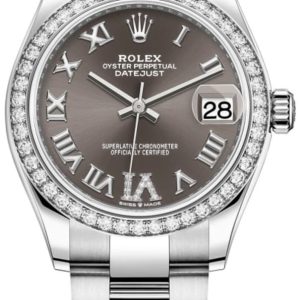 Rolex Datejust 31 Stainless Steel and White Gold Dark Grey Pave Roman Dial Diamond Bezel Women’s Watch M278384RBR-0031 31mm