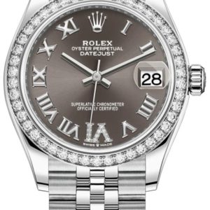 Rolex Datejust 31 Stainless Steel and White Gold Dark Grey Pave Roman Dial Diamond Bezel Women’s Watch M278384RBR-0032 31mm