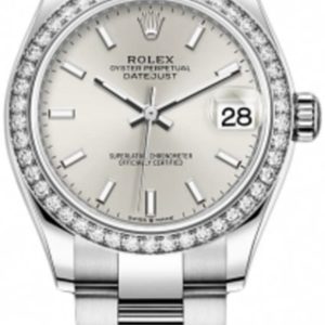 Rolex Datejust 31 Stainless Steel and White Gold Silver Dial Domed Diamond Bezel Women’s Watch M278384RBR-0015 31mm