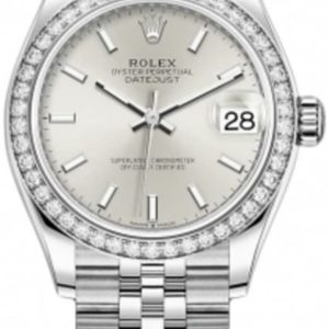 Rolex Datejust 31 Stainless Steel and White Gold Silver Dial Domed Diamond Bezel Women’s Watch M278384RBR-0016 31mm