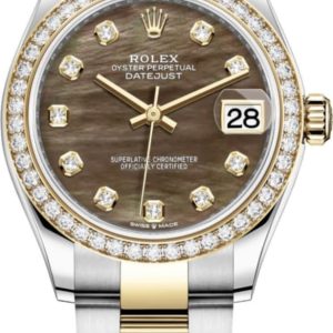 Rolex Datejust 31 Stainless Steel and Yellow Gold Black Mother of Pearl Diamond Dial Diamond Bezel Women’s Watch M278383RBR-0023 31mm