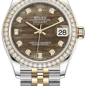 Rolex Datejust 31 Stainless Steel and Yellow Gold Black Mother of Pearl Diamond Dial Diamond Bezel Women’s Watch M278383RBR-0024 31mm
