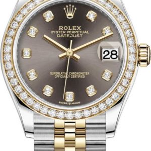 Rolex Datejust 31 Stainless Steel and Yellow Gold Dark Grey Diamond Dial Diamond Bezel Women’s Watch M278383RBR-0022 31mm