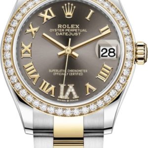Rolex Datejust 31 Stainless Steel and Yellow Gold Dark Grey Pave Roman Dial Diamond Bezel Women’s Watch M278383RBR-0017 31mm