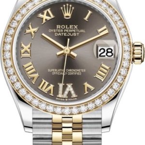 Rolex Datejust 31 Stainless Steel and Yellow Gold Dark Grey Pave Roman Dial Diamond Bezel Women’s Watch M278383RBR-0018 31mm