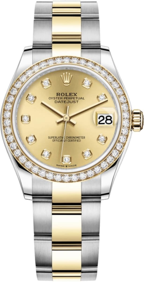 Rolex Datejust 31 Stainless Steel and Yellow Gold Champagne Diamond Dial Diamond Bezel Women’s Watch M278383RBR-0025 31mm