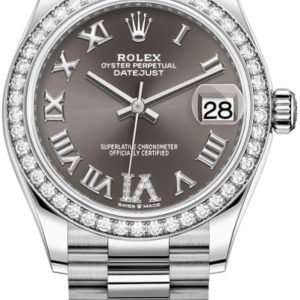 Rolex Datejust 31 White Gold Dark Grey Diamond Pave Roman Dial Diamond Bezel Women’s Watch M278289RBR-0020 31mm