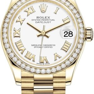 Rolex Datejust 31 Yellow Gold White Roman Dial Diamond Bezel Women’s Watch M278288RBR-0009 31mm