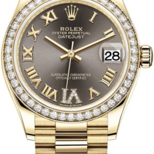 Rolex Datejust 31 Yellow Gold Dark Grey Pave Roman Diamond Dial Diamond Bezel Women’s Watch M278288RBR-0026 31mm