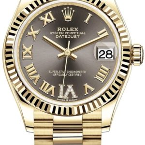 Rolex Datejust 31 Yellow Gold Dark Grey Pave Roman Diamond Dial Women’s Watch M278278-0032 31mm