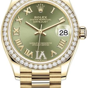 Rolex Datejust 31 Yellow Gold Olive Green Pave Roman Diamond Dial Diamond Bezel Women’s Watch M278288RBR-0024 31mm