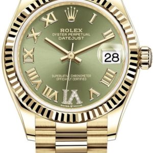Rolex Datejust 31 Yellow Gold Olive Green Pave Roman Diamond Dial Women’s Watch M278278-0030 31mm
