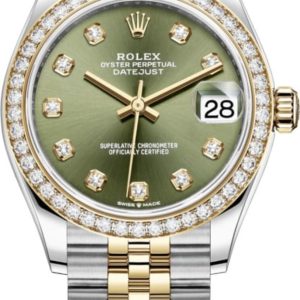 Rolex Datejust 31 Stainless Steel and Yellow Gold Olive Green Diamond Dial Diamond Bezel Women’s Watch M278383RBR-0030 31mm