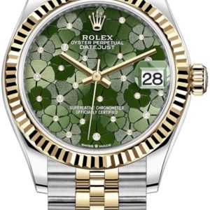 Rolex Datejust 31 Stainless Steel and Yellow Gold Olive Green Floral Motif Diamond Dial Women’s Watch M278273-0032 31mm