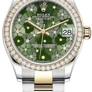Rolex Datejust 31 Stainless Steel and Yellow Gold Olive Green Floral-Motif Diamond Dial Diamond Bezel Women’s Watch M278383RBR-0031 31mm