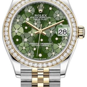 Rolex Datejust 31 Stainless Steel and Yellow Gold Olive Green Floral-Motif Diamond Dial Diamond Bezel Women’s Watch M278383RBR-0032 31mm