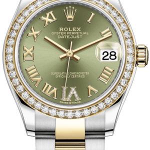 Rolex Datejust 31 Stainless Steel and Yellow Gold Olive Green Pave Roman Dial Diamond Bezel Women’s Watch M278383RBR-0015 31mm