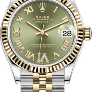 Rolex Datejust 31 Stainless Steel and Yellow Gold Olive Green Pave Roman Dial Women’s Watch M278273-0016 31mm