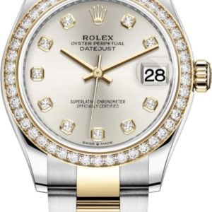 Rolex Datejust 31 Stainless Steel and Yellow Gold Silver Diamond Dial Diamond Bezel Women’s Watch M278383RBR-0019 31mm