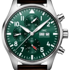 IWC Pilot’s Chronograph Automatic Green Dial Brown Leather Strap Men’s Watch IW378005 43mm