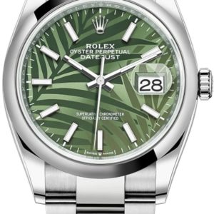Rolex Datejust 36 Stainless Steel Olive Green Palm-Motif Dial Women’s Watch M126200-0020 36mm