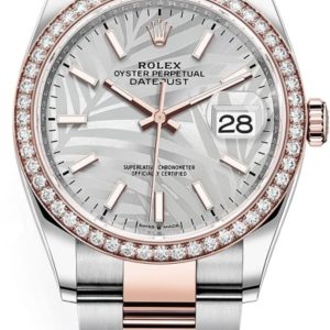 Rolex Datejust 36 Steel & Everose Gold Silver Palm-Motif Dial Diamond Bezel Women’s Watch M126281RBR-0020 36mm