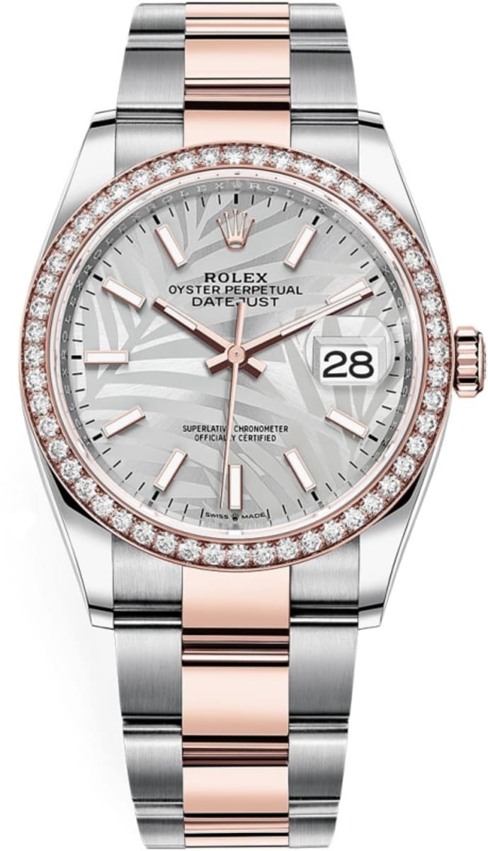 Rolex Datejust 36 Steel & Everose Gold Silver Palm-Motif Dial Diamond Bezel Women’s Watch M126281RBR-0020 36mm