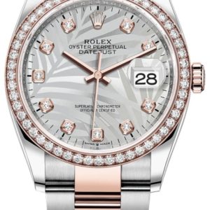 Rolex Datejust 36 Steel & Everose Gold Silver Palm-Motif Diamond Dial Diamond Bezel Women’s Watch M126281RBR-0026 36mm