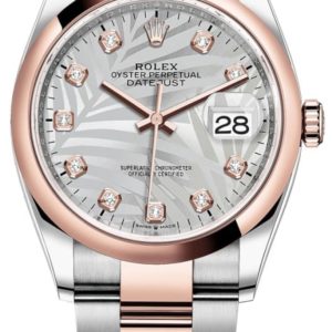 Rolex Datejust 36 Steel & Everose Gold Silver Palm-Motif Diamond Dial Women’s Watch M126201-0038 36mm