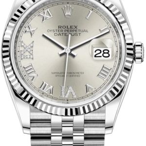 Rolex Datejust 36 Steel & White Gold Silver Diamond Pave Roman Dial Women’s Watch M126234-0029 36mm