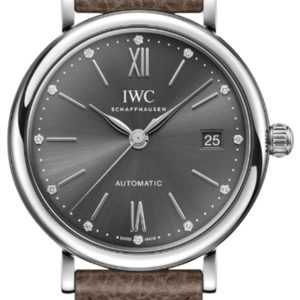 IWC Portofino Automatic 37 Black Diamond Dial Taupe Leather Strap Women’s Watch IW458603 37mm