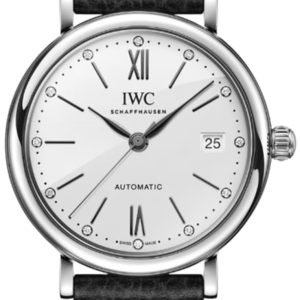 IWC Portofino Automatic 37 White Diamond Dial Black Leather Strap Women’s Watch IW458610 37mm