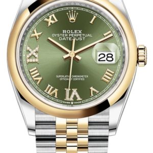 Rolex Datejust 36 Steel & Yellow Gold Olive Green Pave Roman Dial Men’s Watch M126203-0025 36mm
