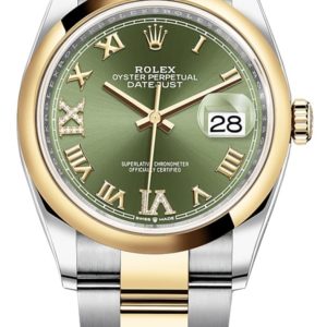 Rolex Datejust 36 Steel & Yellow Gold Olive Green Pave Roman Dial Men’s Watch M126203-0026 36mm