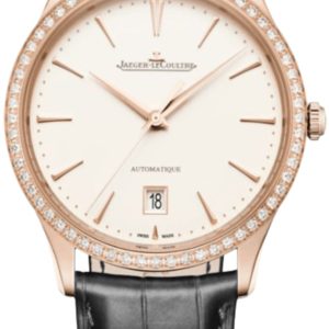 Jaeger LeCoultre Master Ultra Thin Date Automatic Beige Dial 18K Rose Gold Diamond Bezel Black Leather Strap Men’s Watch Q1232502 39mm