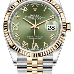 Rolex Datejust 36 Steel & Yellow Gold Olive Green Pave Roman Dial Women’s Watch M126233-0025 36mm